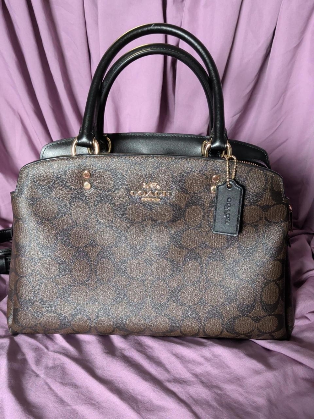 Coach Lily Brown Black Signature with Black Leather Handles